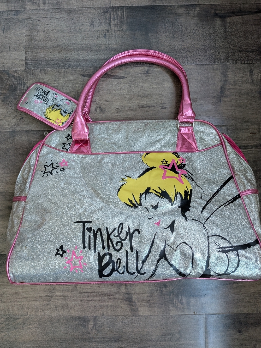 Vintage Disney Store Tinker Bell Glitter Duffle Bag Y2K Silver Pink Sparkly